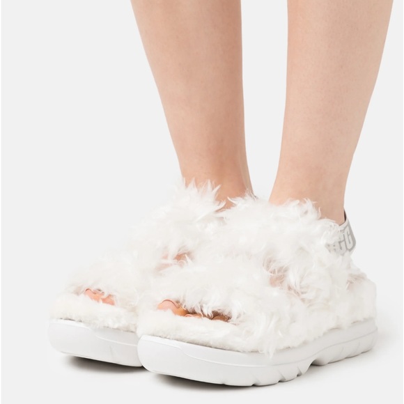 UGG Fluff Sugar Sandals Faux Fur Slides Straps Slingback Logo Platform Fluffy - Picture 8 of 14